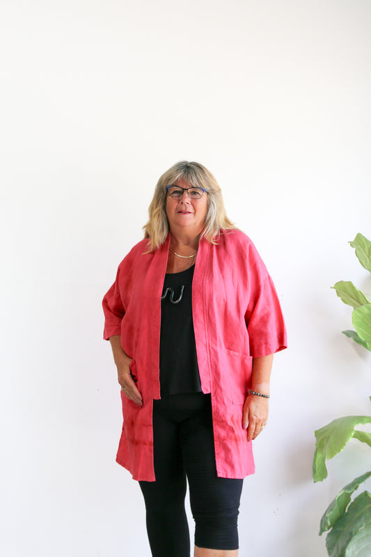 Eva Long Linen Jacket -Hand Dyed -Coral